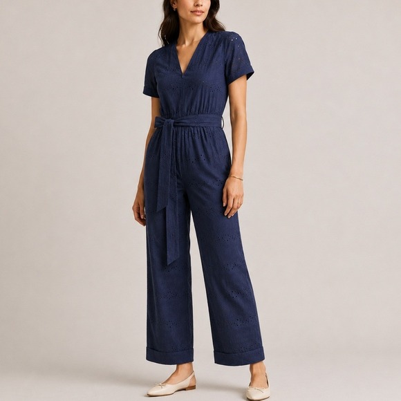Whistles Pants - Whistles Zoe Broderie Jumpsuit Eyelet Self Tie Straight Leg Holiday Blue 12 NWOT